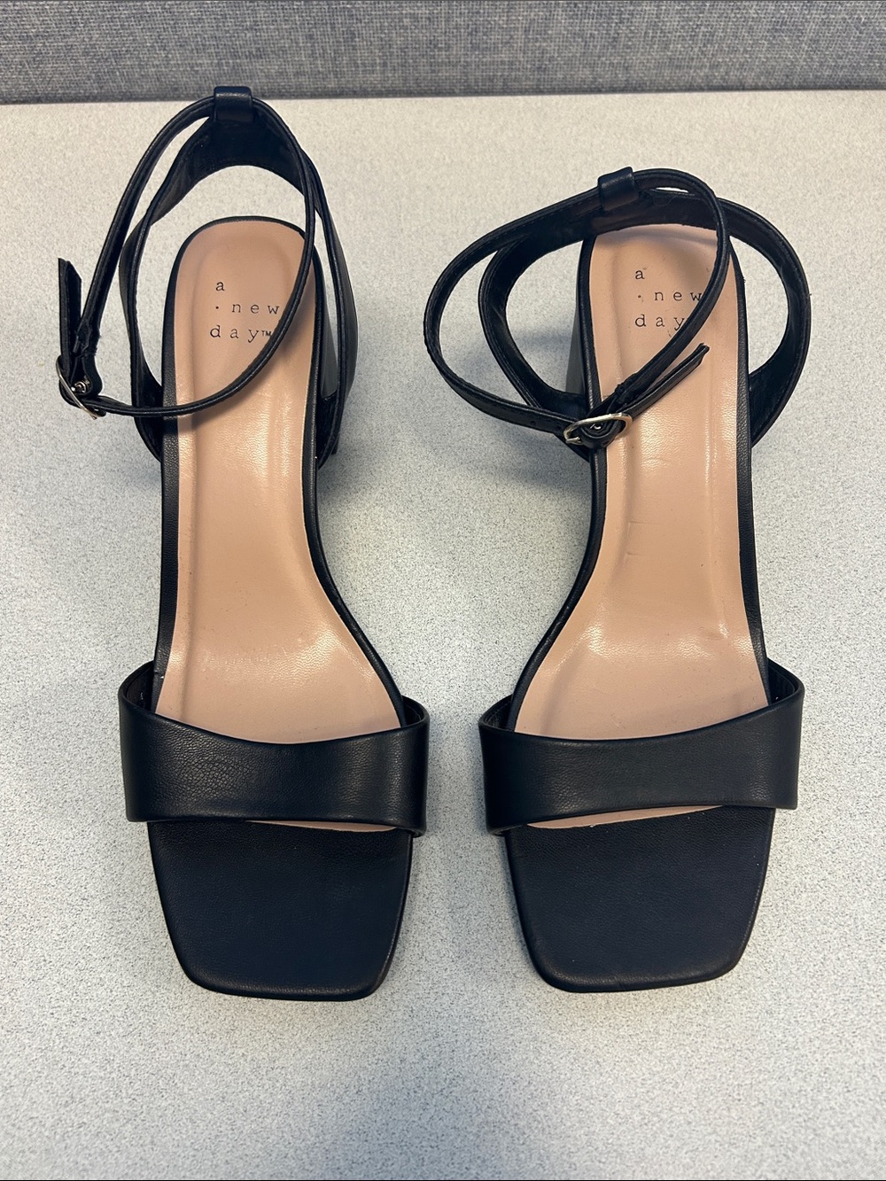 a new day Black Minimalist Square-Toe Ankle-Strap Heels Size 8